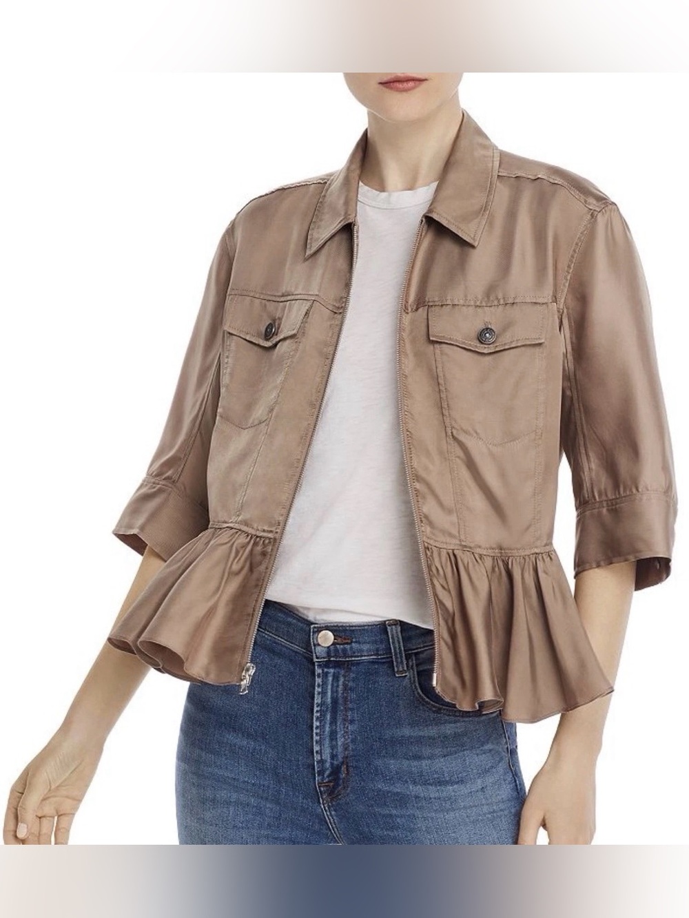 Cinq á Sept Helene Peplum Hem Zippered 3/4 Sleeve Jacket In Taupe Size Large
